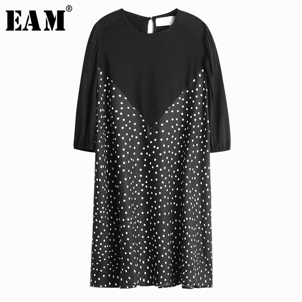 

eam] women black dot printed big size dress new round neck three-quarter sleeve loose fit fashion tide spring summer 2020, Black;gray