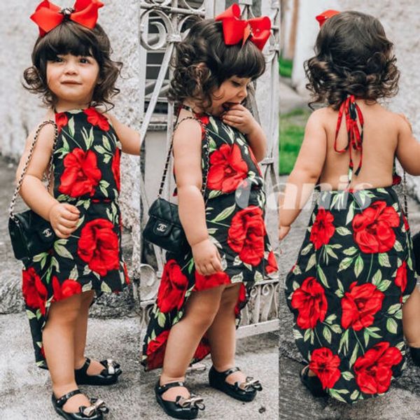 

2020 toddler baby girl summer dress flower backless party pageant dress sundress, Red;yellow