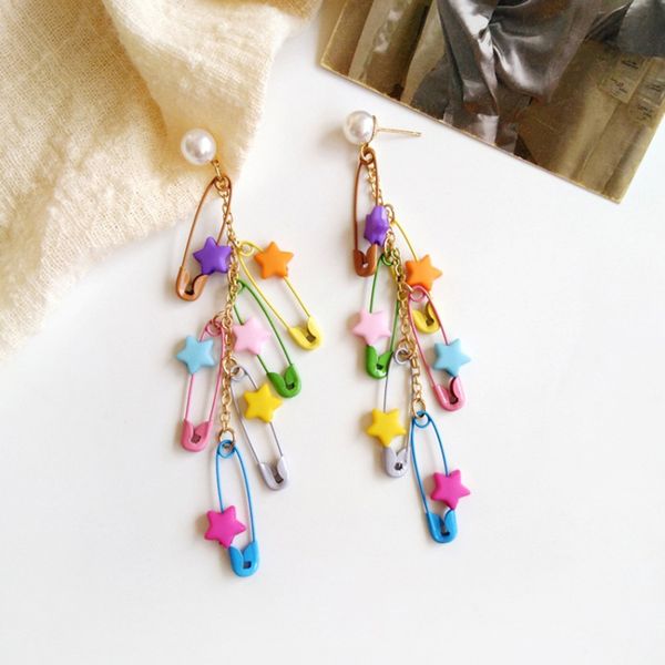 

new exaggerated multi-color pin star tassel drop dangle earrings for women fashion jewlery, Silver