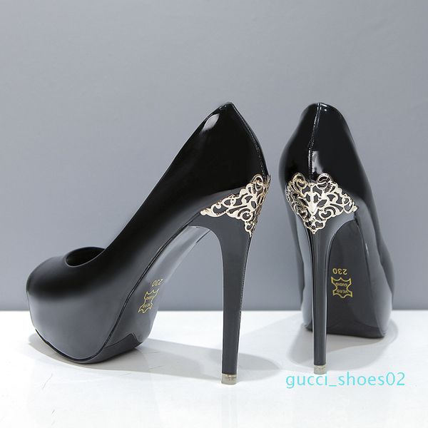 

luxury designer shoes metal flower carved patent pu leather peep toe platform high heels white nude pink black 12cm size 34 to 39 g2