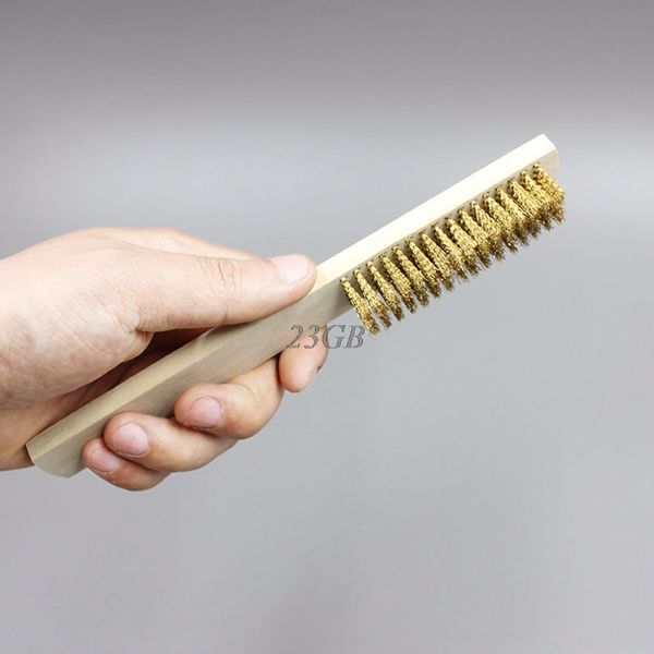 

copper wire brass briste wood handle wire scratch brush 208mm for metal cleaning m14
