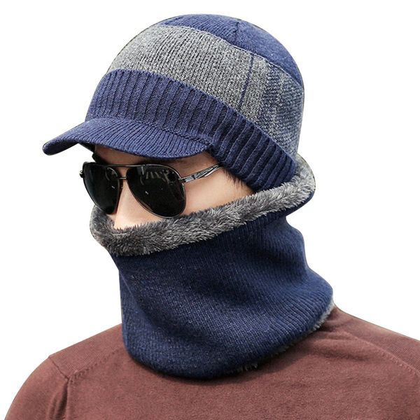 

men winter warm cap with scarf knit visor beanie fleece lined cap with brim knitted scarf jl, Blue;gray