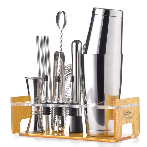 

greenhill premium barware set, 15 pieces including shaker, jigger, ice tong, strainer, pourer, muddler, straw, spoon & holder