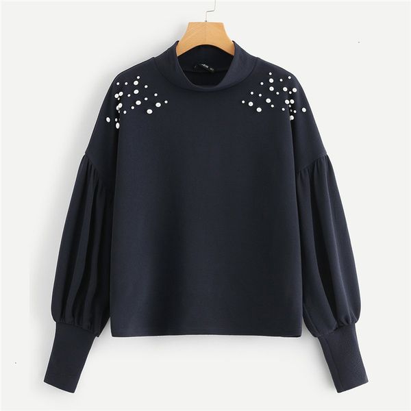 

женской толстовка женщина одежда navy elegant плеча опрятного mock embellished падение твердой толстовка осень повседневной кампус женщина т, Black