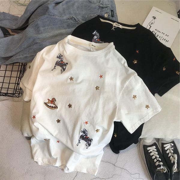 

little trojan embroidery 2019 t- sequins summer women's short-sleeved five-pointed star sequins t-shirt shirt black and white