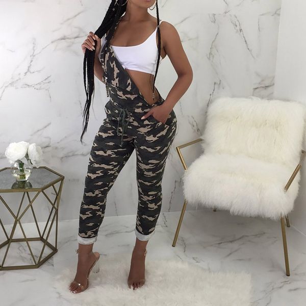 

jumpsuit women off shoulder bodycon sleeveless camo suspender jumpsuit slim skinny jogger lady clothes, Black;white