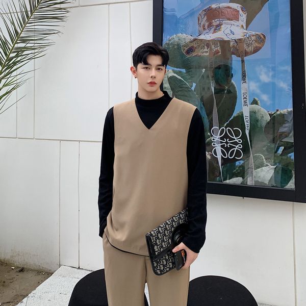 

3 colors men autumn solid color sleeveless pullover suit vest coat v-neck waistcoat male streetwear casual loose dress vest, Black;white