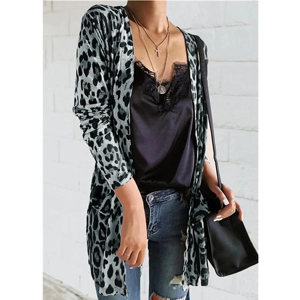 

spot cross-border women's clothing in autumn and winter new popular leopard cardigan medium long coat, Black;brown