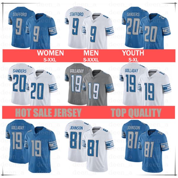 

men women youth detroit jersey 19 kenny golladay 9 matthew stafford 81 johnson 20 barry sanders lion football jerseys white blue, Black;red