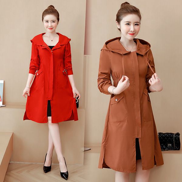 

women's trench coats hooded coat 2021 spring autumn plus size drawstring ladies long windbreaker fashion slim female overwear 2023, Tan;black