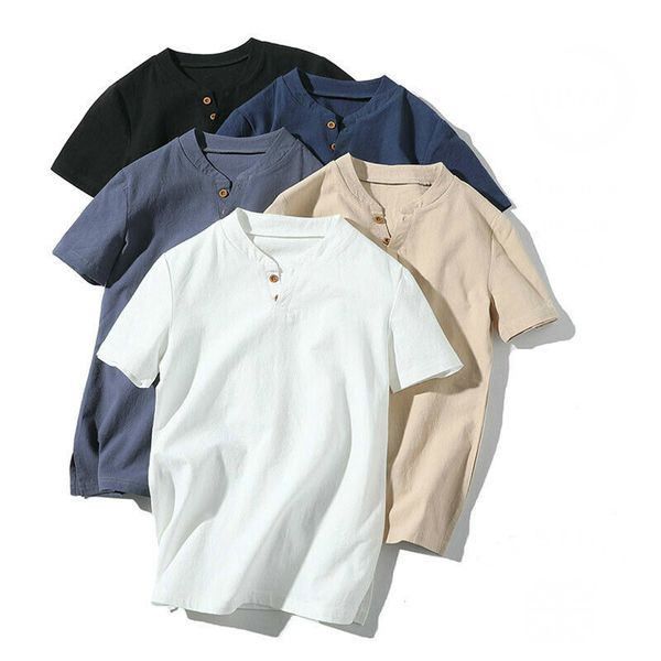 

us men's flax linen t-shirt casual v-neck button down t-shirts slim fit cotton linen short sleeve basic top, White;black