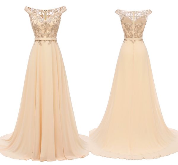 

Champagne Bridesmaid Dresses 2020 Cap Sleeve A Line Chiffon Long Formal Cheap Wedding Guest Dress/Maid Of Honor Dresses For Wedding