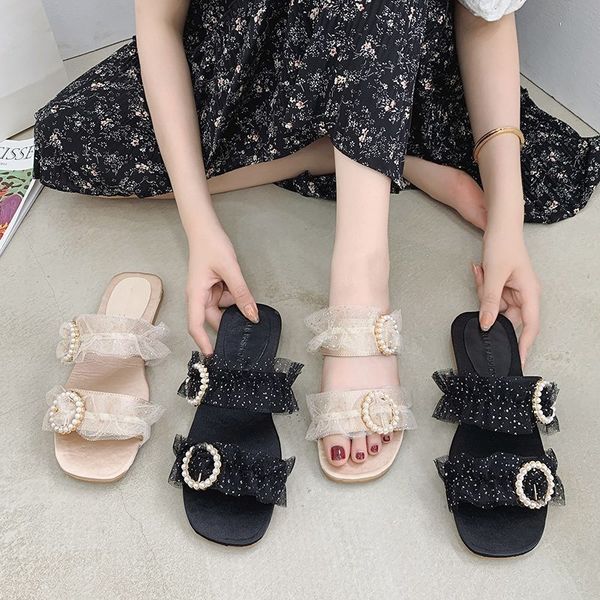 

shoes string bead slippers casual slipers women slides flat 2020 soft riband basic rubber fabric pu fashion shoes, Black
