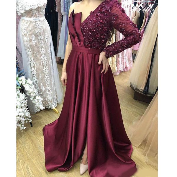 

beads one shoulder long sleeve prom dresses custom made a line saitn side split long floor formal party evening dresses, Black