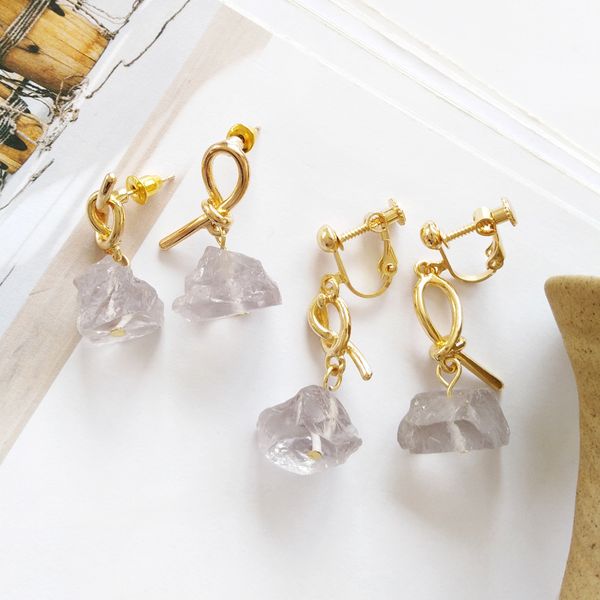 

natural stone shape clips earrings without piercing women cute irregular crystal stone clip on earrings woman no ears hole, Silver