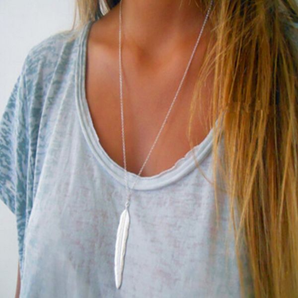 

x155 fashion feather pendant necklaces bohemian style leaf long necklaces for women maxi sweater accessories ing, Silver