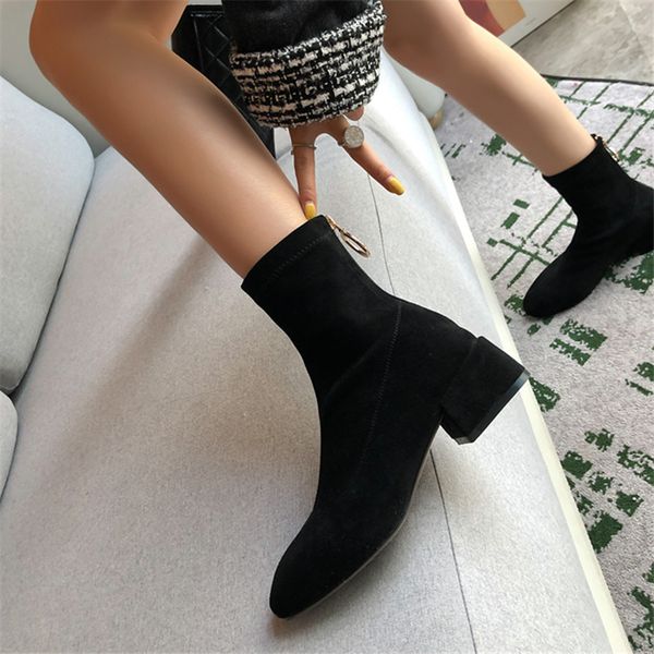 

ladies elastic ankle sock boots square heels pointed toe slim stretch boots autumn winter suede shoes women bota feminina, Black