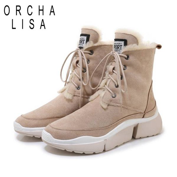 

orcha lisa cow suede platform sneakers women winter snow shoes plush fur lady winter cross-tied ankle high warm casual size35-39, Black