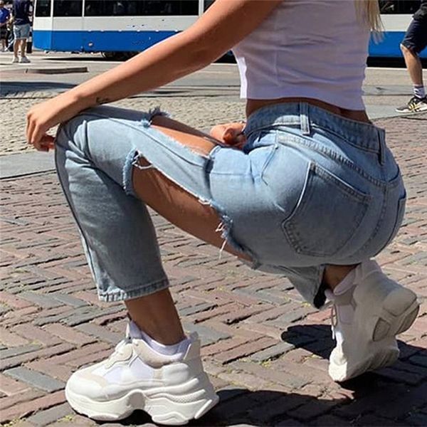 

ripped jeans for women fashion high waist hole tassel button zipper pocket denim plus size jeans boyfriend pants e21, Blue