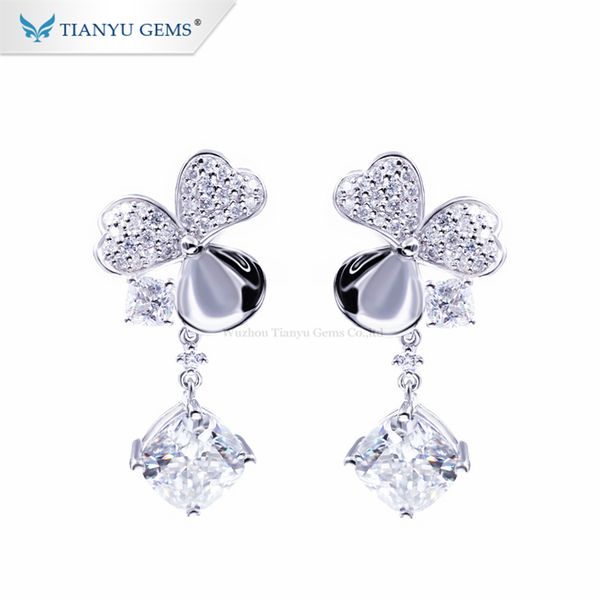 

tianyu gems fashion silver earrings white black moissanite clover women earrings
