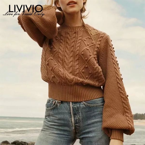 

livivio] knitting sweater women o neck lantern long sleeve patchwork hair bulb pullover female 2019 spring fashion, White;black