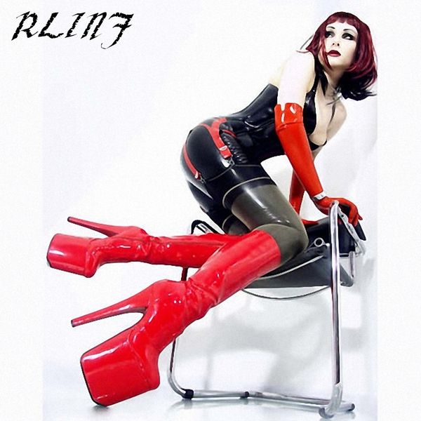 

rlinf high heels high boots thick heels 20cm waterproof platform boots patent leather pole dance women's shoes, Black