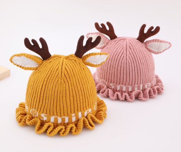 

new style christmas cartoon deer thicken knitted hat baby cut caps fashion designer smile letter print hats ing, Yellow