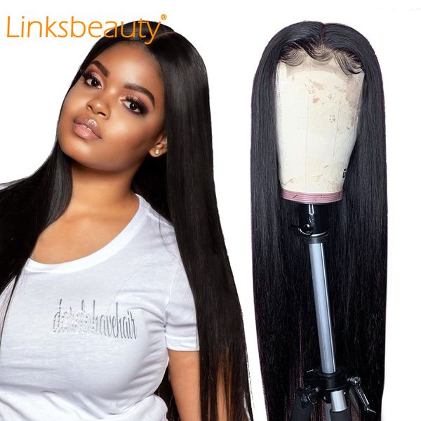 

linksbeauty 100% human straight hair 13*6 lace front wigs brazilian remy virgin hair for black women pre-plucked hairline 10a, Black;brown