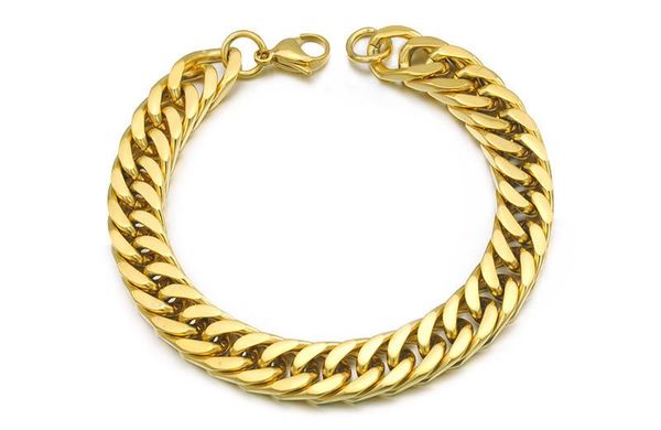 

2020 позолоченные браслеты из нержавеющей стали снаряженная кубинская цепь мужская ювелирная мода, 8.7" длиной, 10 мм шириной, оптовая беспл, Golden;silver