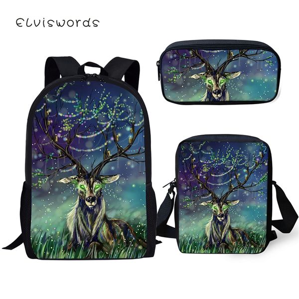 

elviswords 3pc set kids school backpack fantasy deer pattern school book bag cute animal fashion backpack/messenger bag/pen bags