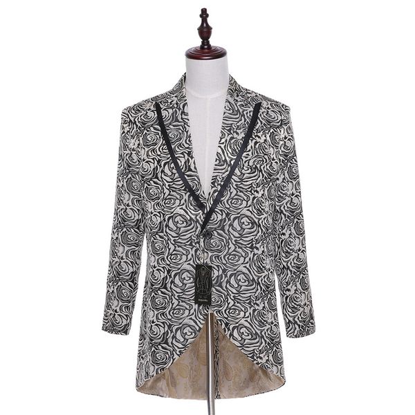 

new hi-lo party blazer mens sliver gray floral pattern slim fitted prom blazers men one button suit jacket stage costumes jacket, White;black