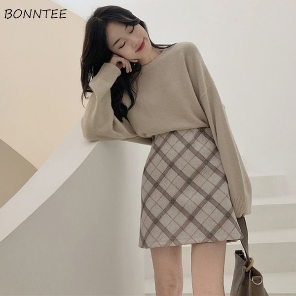 

skirts women chic a-line leisure mini high waist daily korean style all-match plaid skirt slim retro elegant womens 2019 lovely, Black