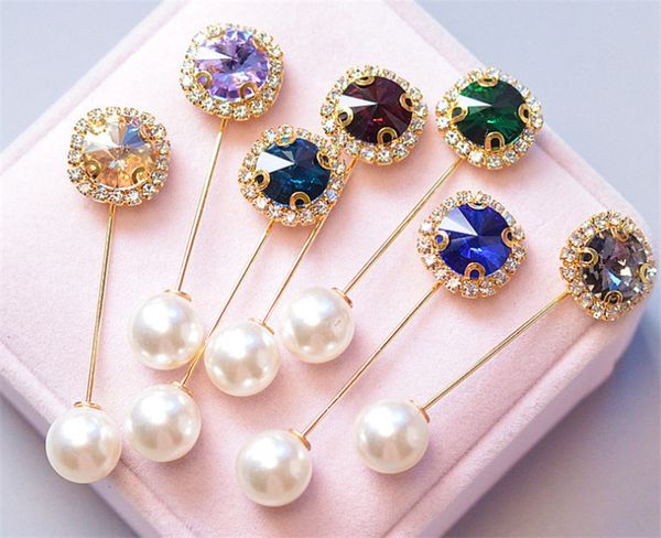 

new gem pearl essence men's and women's crystal one-line pin brooch clasp scarf clasp neckline brooch, Gray