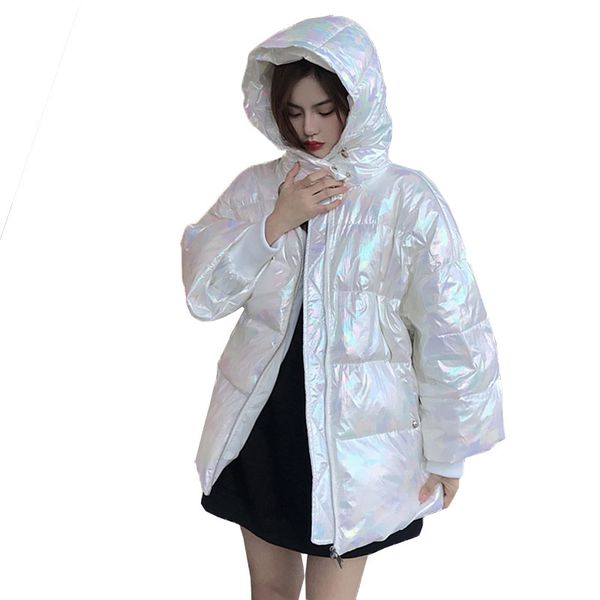 

2019 winter parka women's down jacket coat loose big size thick short white duck down coat silver bright hooded outerwear 180, Black