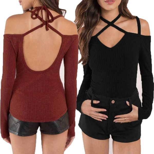 

women off shoulder bandage backless long sleeve shirt casual blouse loose, White