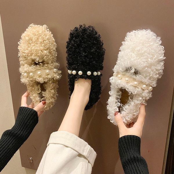 

autumn flat shoes women round head plus velvet flats hairy shoes female fluffy womens tide loafers zapatos mujer w36-79, Black