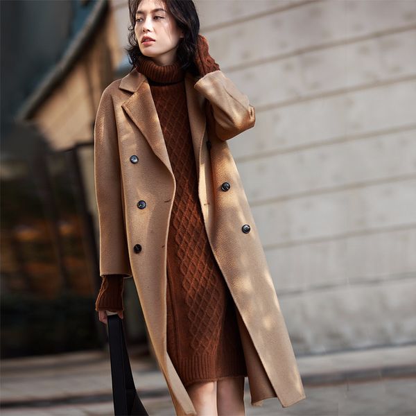 

winter coat women vintage wool coat women double sided long jacket elegant windbreaker abrigos mujer invierno 2020 7223 yy688, Black