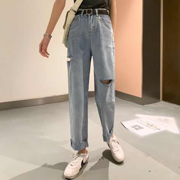 

pengpious female cotton loose jean with holes school girls denim pants, Blue