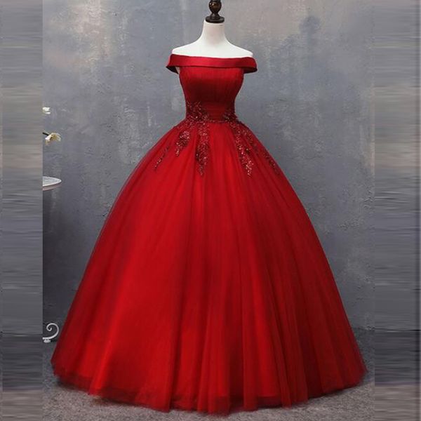 Ballkleid-Brautkleider aus rotem Tüll, schulterfrei, perlenbesetzte Spitzenapplikationen, bodenlang, schlichte, wunderschöne Brautkleider, hergestellt in China