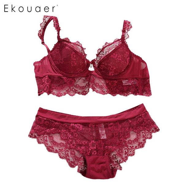 

ekouaer сексуальное нижнее белье комплект кружева белья комплекты шнурка женщин цветочные под проволокой назад пряжка 3/4 чашки бюстгальтера, Red;black