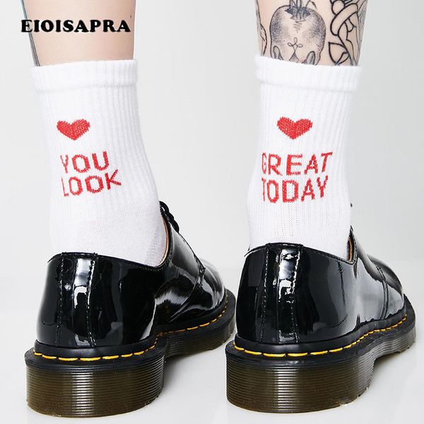 

eioisapra]word "you look great today" red love divertidos socks harajuku funny socks women skateboard hip hop calcetines mujer, Black;white