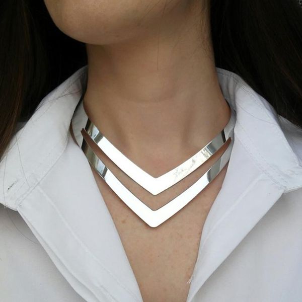 

lzhlq geometric hollow metal torques women trendy simple smooth choker necklaces plated collars necklace punk jewelry statement, Blue;slivery