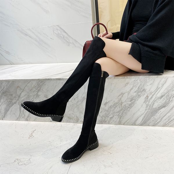 

over the knee boots women were thin flat high boots 2019 winter new knight, Black