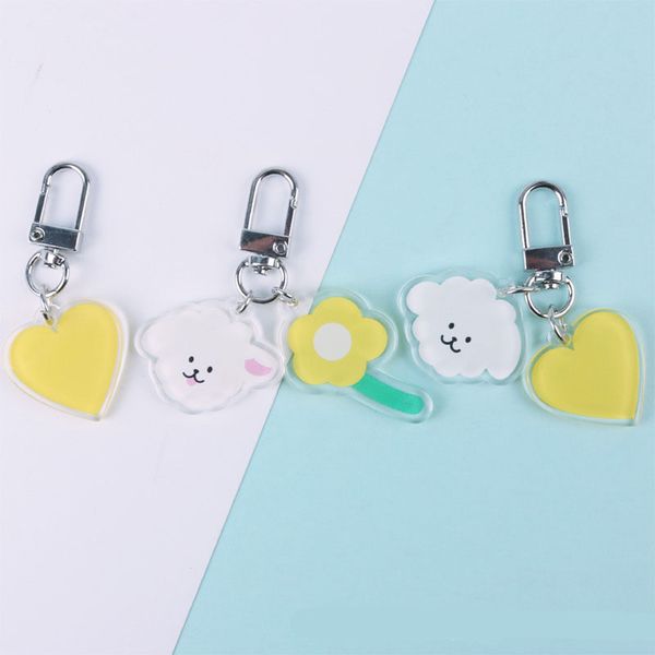 

cartoon cute little sheep keychain for women trinket key chains ring car bag pendent charm heart flower key ring, Silver