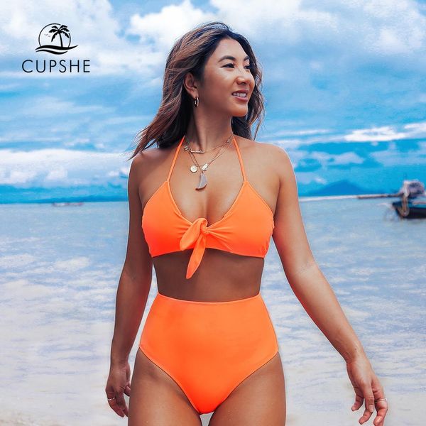 

cupshe neon orange halter high-waisted bikini sets bow-knot two pieces swimwear women 2020 beach bathing suits biquinis, White;black