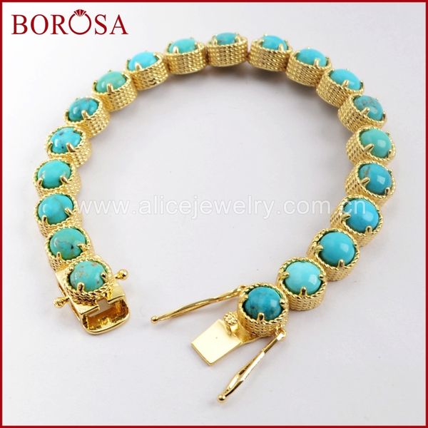 

borosa 1/2pcs new arrival gold color round twenty-stone natural turquoises bracelet natural blue stone bangle jewelry zg0338, Golden;silver