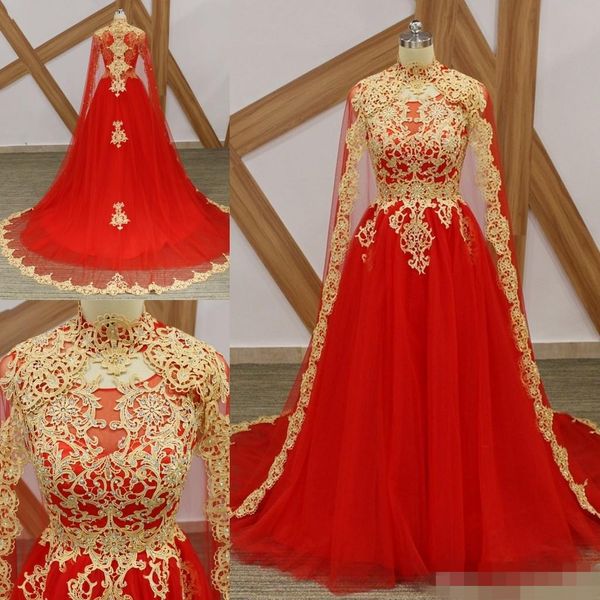 

2019 arabic red prom dresses gold lace applique with cape high neck beaded sweep train custom made sleeveless long evening party gowns, Black