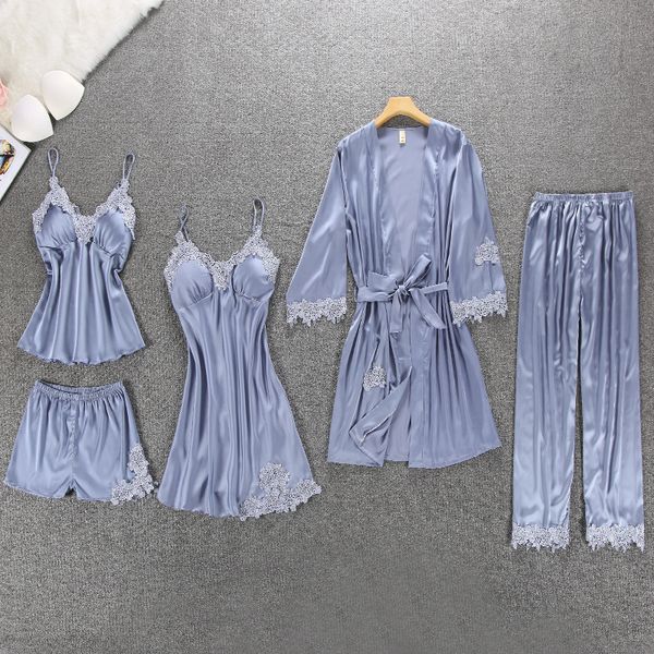 

qweek silk pyjamas women 5 pieces sets lace women satin pajama elegant pijama mujer pyjamas summer chest pads, Blue;gray
