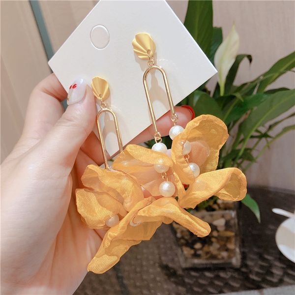 

fashion korea girl cute earrings simple imitation pearl chiffon flowers long big drop earrings for women jewelry accessories, Silver
