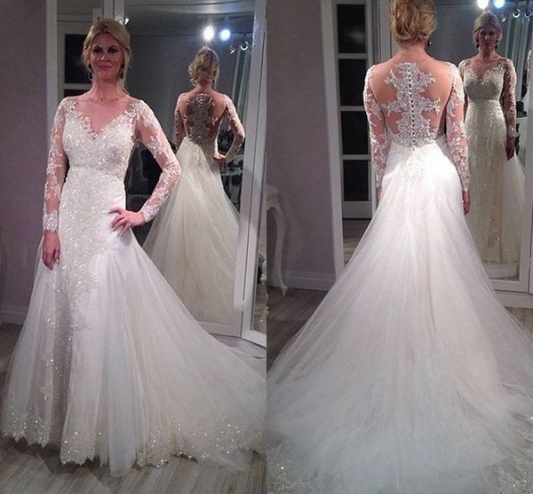 

2022 new mermaid wedding dresses with long sleeves tulle sheer v-neck beaded sequin lace appliqued covered buttons vestidos de novia, White